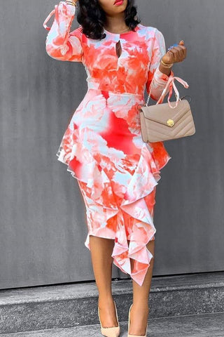Fashion Elegant Printed Ruffled Lace Dress