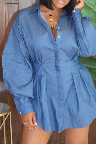 Trendy Lapel Pleated Denim Shirt Dress