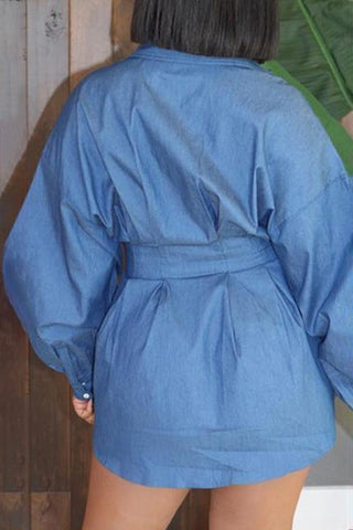 Trendy Lapel Pleated Denim Shirt Dress