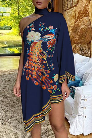 Asymmetrical Ruffled Sexy Elegant Print One-sleeve Dress