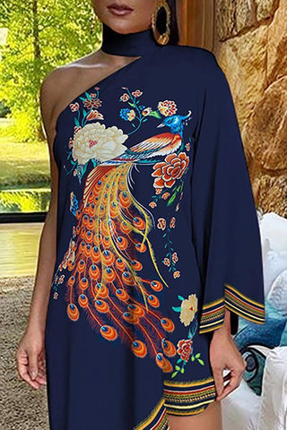 Asymmetrical Ruffled Sexy Elegant Print One-sleeve Dress