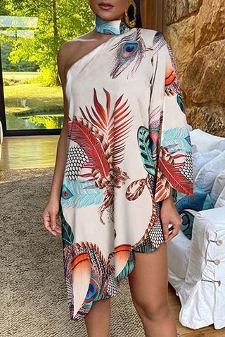 Asymmetrical Ruffled Sexy Elegant Print One-sleeve Dress