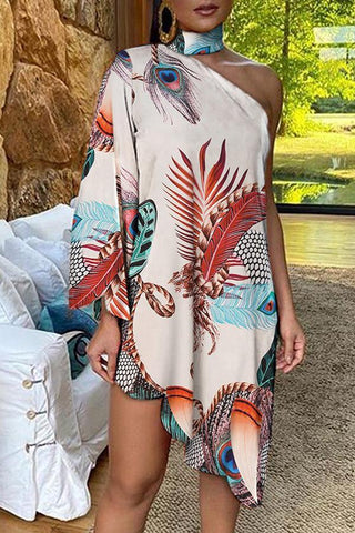 Asymmetrical Ruffled Sexy Elegant Print One-sleeve Dress