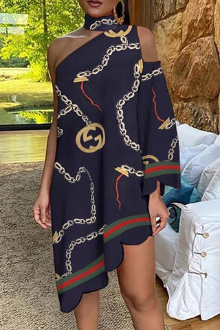 Asymmetrical Ruffled Sexy Elegant Print One-sleeve Dress