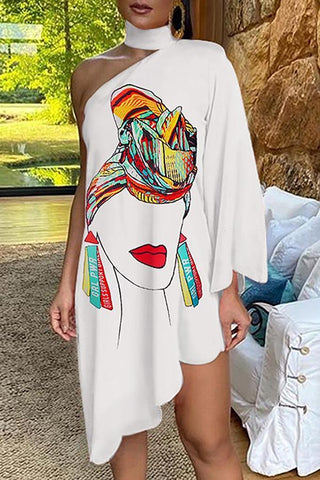 Asymmetrical Ruffled Sexy Elegant Print One-sleeve Dress