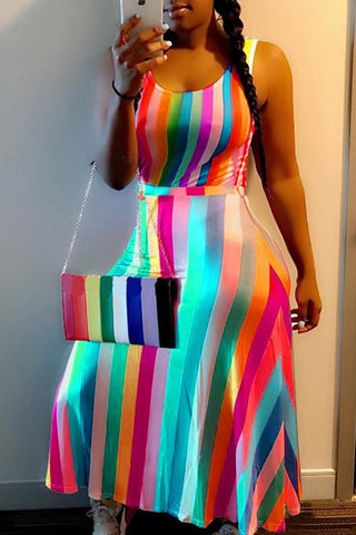 Rainbow Contrast Striped Flare Vest Maxi Dress