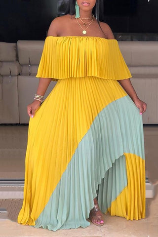 Off-the-shoulder Contrast Stitching Chiffon Pleated Dress