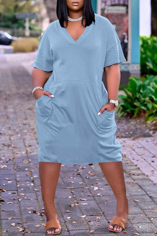 Loose V-neck Pocket Casual Solid Color Dress