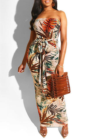 Floral Print Off-shoulder Elegant Belted Maxi Dress