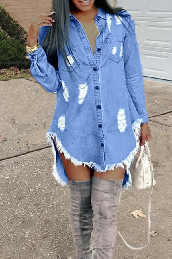 Fashion Ripped Fringed Denim Mini Dress