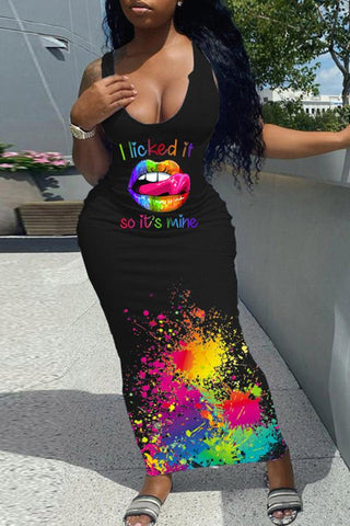 Rainbow Lips Inkjet Printing Casual Sleeveless Maxi Dress
