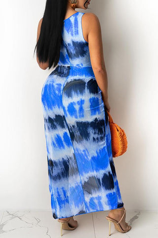 Fashion Tie-dye Mesh Irregular Hollow Knotted Maxi Dress