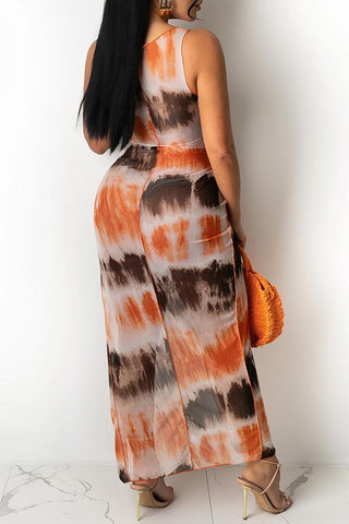 Fashion Tie-dye Mesh Irregular Hollow Knotted Maxi Dress