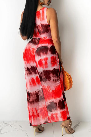 Fashion Tie-dye Mesh Irregular Hollow Knotted Maxi Dress