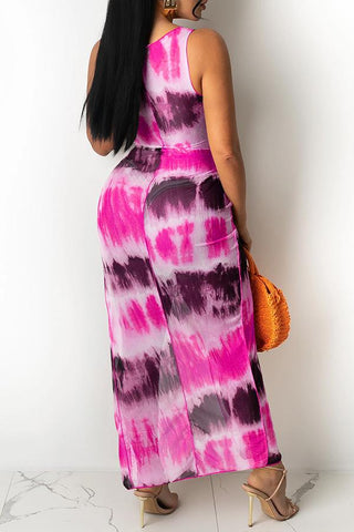 Fashion Tie-dye Mesh Irregular Hollow Knotted Maxi Dress