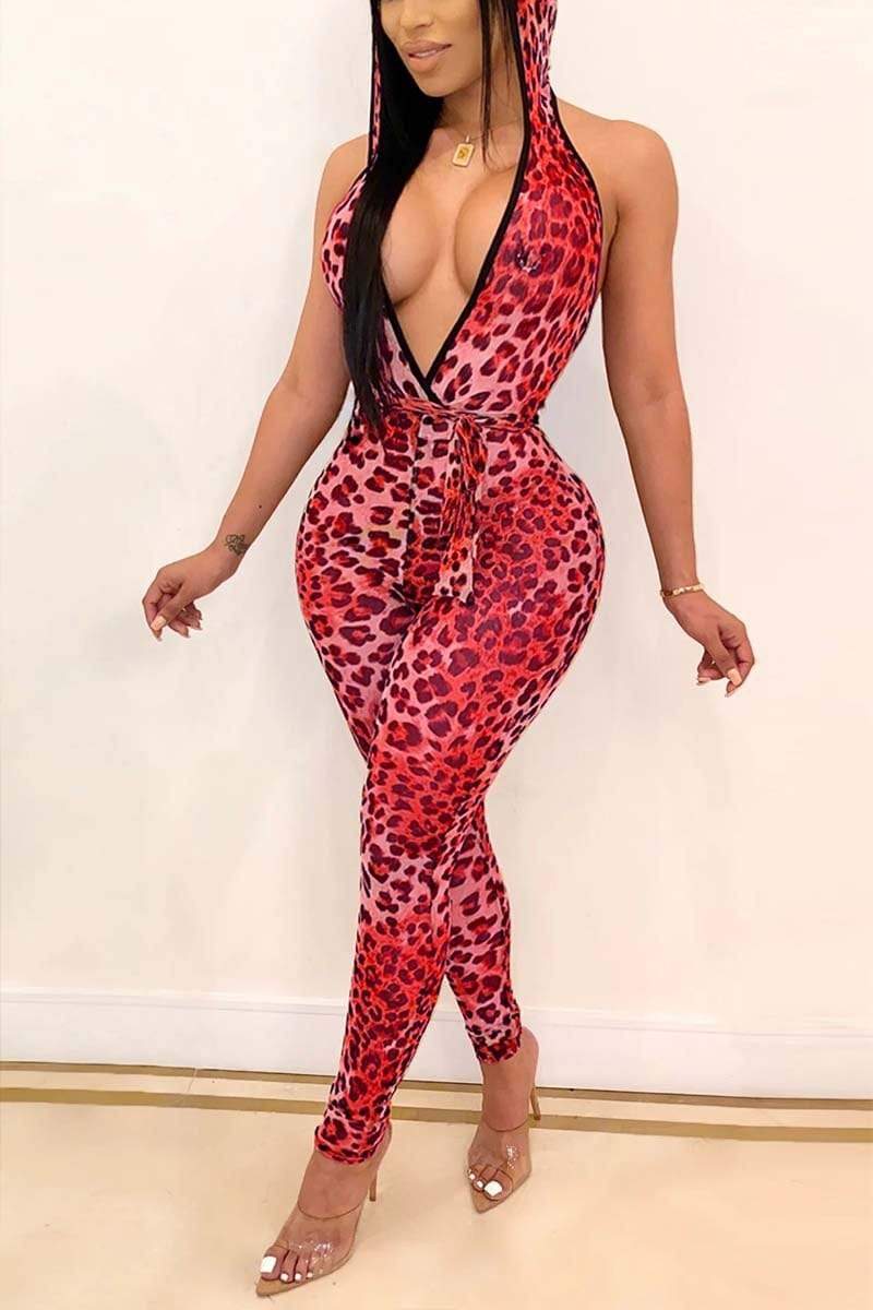 Leopard Print Sleeveless Open Back Hooded  Jumpsuit
