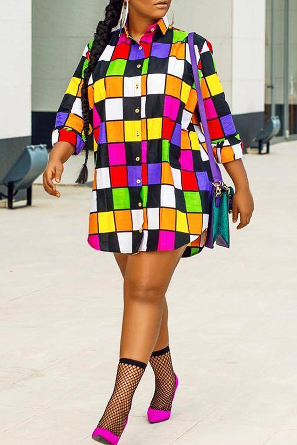 Fashion Colorful Lattice Long Sleeve Loose Mini Dress