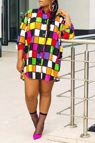 Fashion Colorful Lattice Long Sleeve Loose Mini Dress