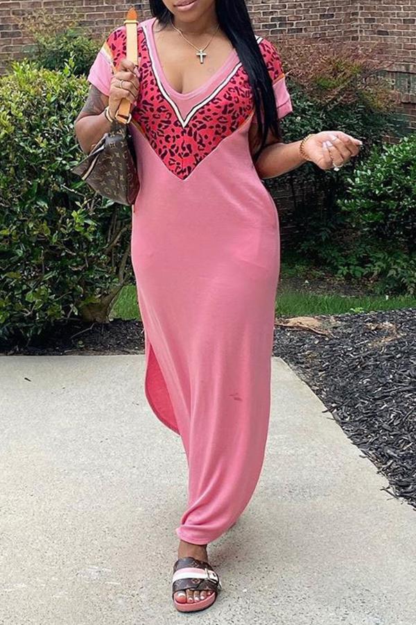 Casual Short Sleeve V Neck Slit Long Skirt Dress