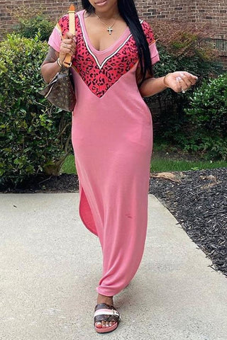 Casual Short Sleeve V Neck Slit Long Skirt Dress