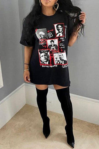 Casual Loose Portrait Print Short Sleeve Mini Dress