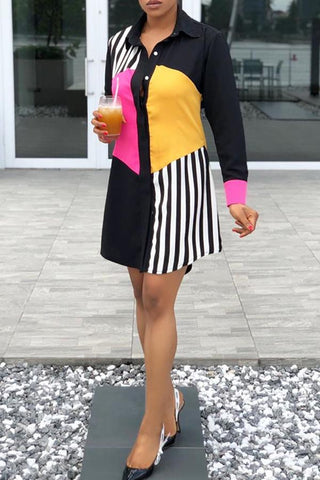 Fashion Striped Stitching Single Breasted Long Sleeved Midi Dress