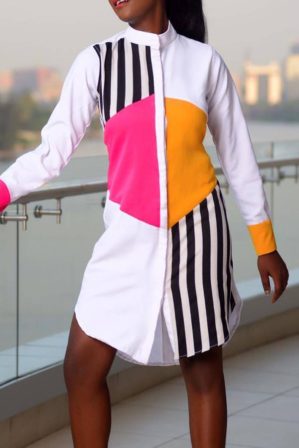 Fashion Striped Stitching Single Breasted Long Sleeved Midi Dress