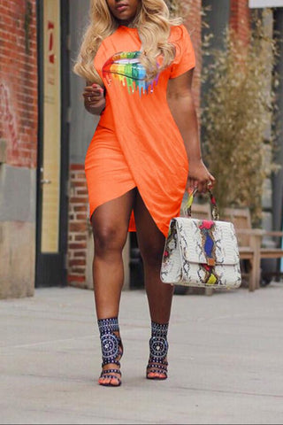 Fashion Lip Print Pleated Short Sleeve Mini Dress