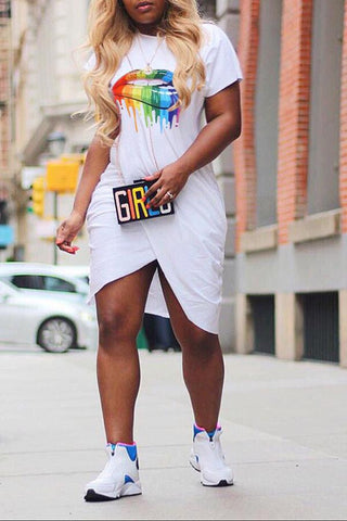 Fashion Lip Print Pleated Short Sleeve Mini Dress