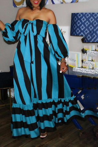 Loose Off Shoulder Striped Puff Sleeve Maxi Dress
