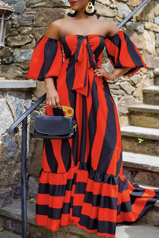 Loose Off Shoulder Striped Puff Sleeve Maxi Dress