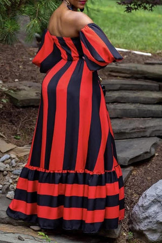 Loose Off Shoulder Striped Puff Sleeve Maxi Dress