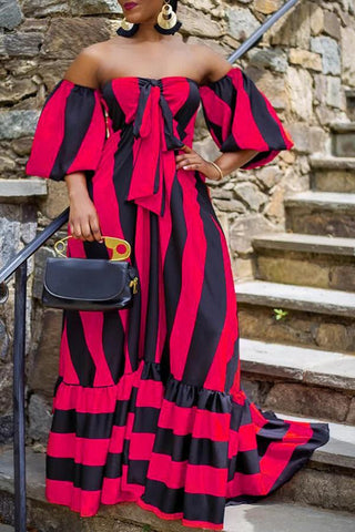 Loose Off Shoulder Striped Puff Sleeve Maxi Dress