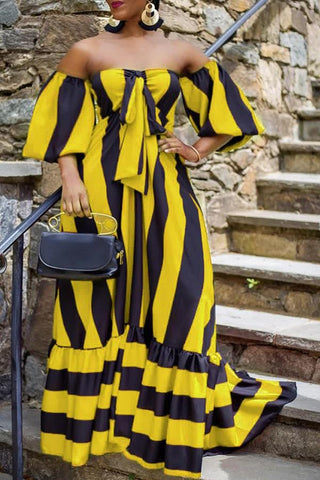 Loose Off Shoulder Striped Puff Sleeve Maxi Dress
