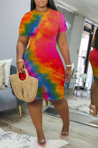 Tie Dye Skinny Short Sleeved Midi Dress