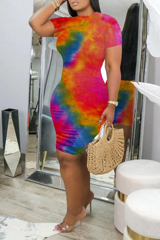 Tie Dye Skinny Short Sleeved Midi Dress