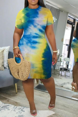 Tie Dye Skinny Short Sleeved Midi Dress