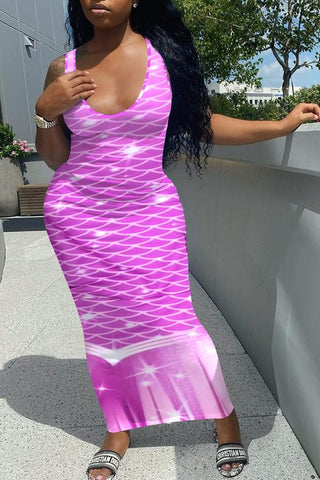 Mermaid Print U Collar Sleeveless Maxi Dress