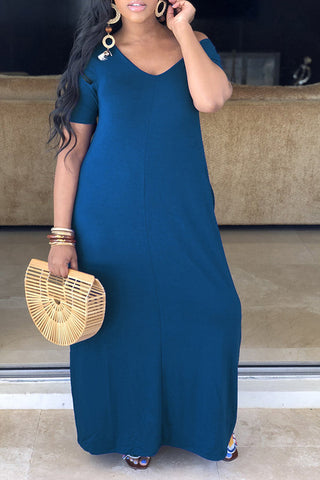 Basic Solid Color V Neck Short Sleeved Maxi Dress