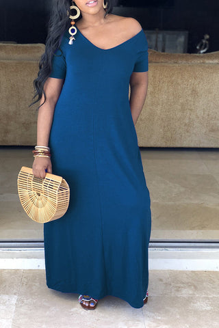 Free-shipping-online-clothing-sale-long-short-sleeve-cozy-solid-color-v-neck-one-piece-dress-mu00738