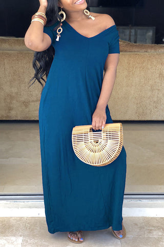 Free-shipping-online-clothing-sale-long-short-sleeve-cozy-solid-color-v-neck-one-piece-dress-mu00738