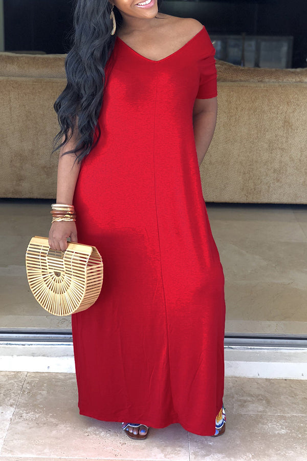 Basic Solid Color V Neck Short Sleeved Maxi Dress