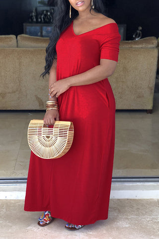 Free-shipping-online-clothing-sale-long-short-sleeve-cozy-solid-color-v-neck-one-piece-dress-mu00738