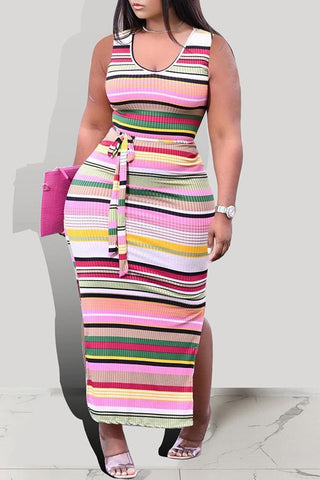 Fashion Striped Print Slit Lace Up Maxi Dress