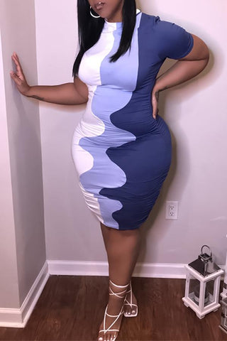 Elegant Contrast Short Sleeved Plus Size Midi Dress