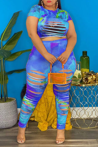 Plus Size Tie Dye Hole Short Sleeve Two Piece Sets