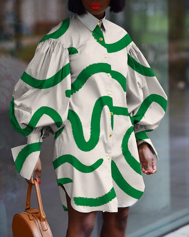 Online-clothing-plus-size-striped-print-split-joint-buckle-turndown-collar-shirt-mini-dress