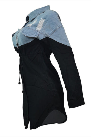 Online-clothing-plus-size-plain-mini-dress-solid-split-joint-turndown-collar-shirt
