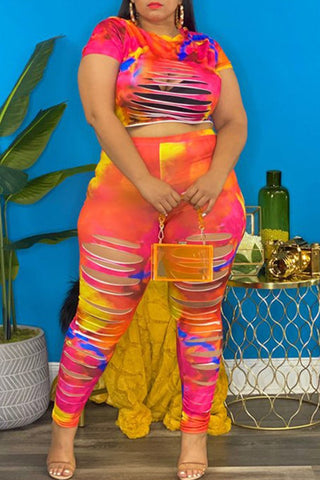 Plus Size Tie Dye Hole Short Sleeve Two Piece Sets