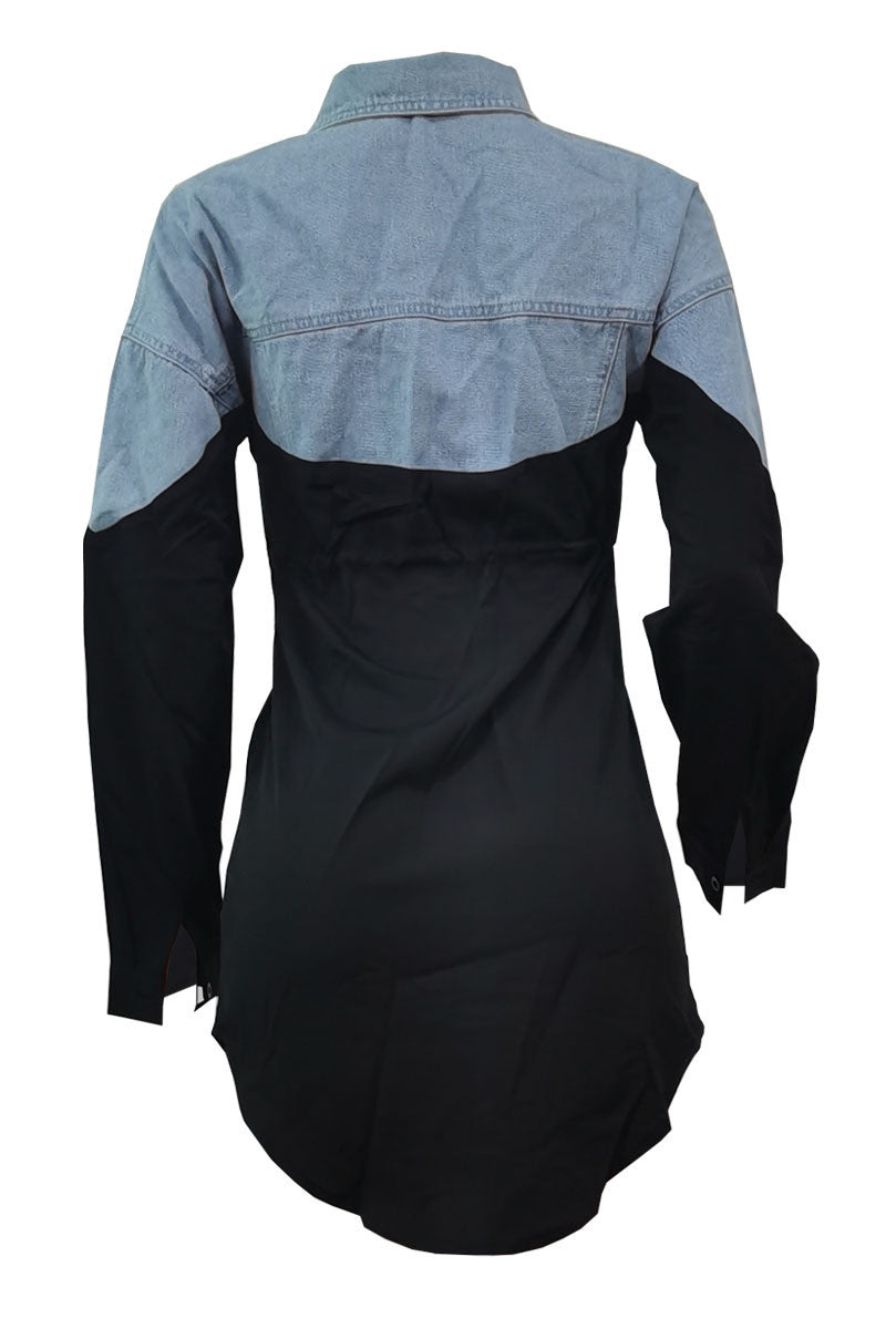 Online-clothing-plus-size-plain-mini-dress-solid-split-joint-turndown-collar-shirt